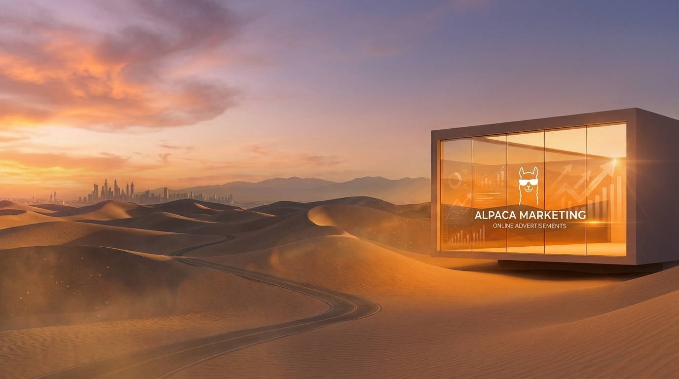 Alpaca Marketing pavilion glowing at desert sunset with a distant city skyline